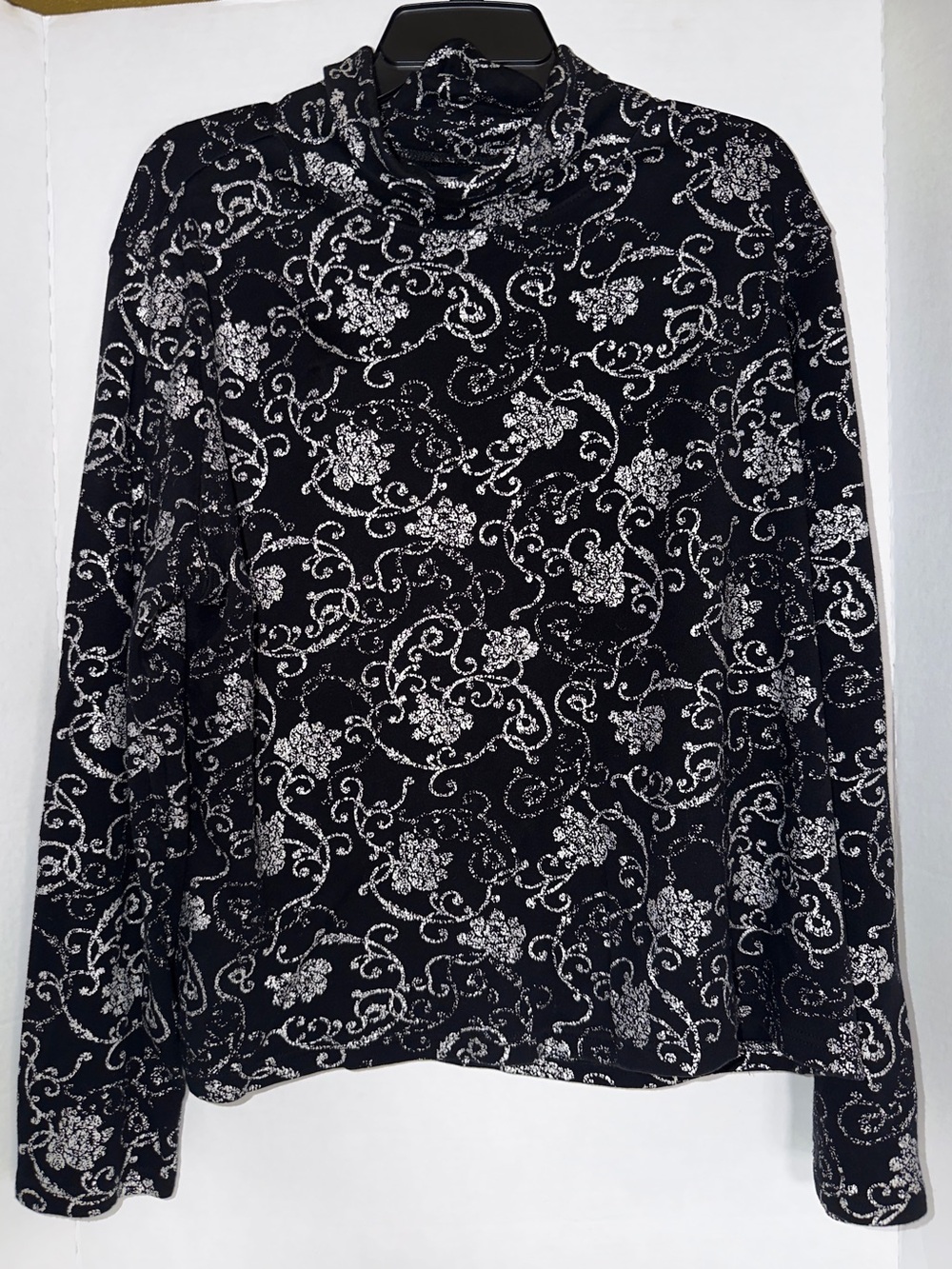 Studio Works XL Black Silver Floral Turtleneck 100% Cotton Long Sleeve Top